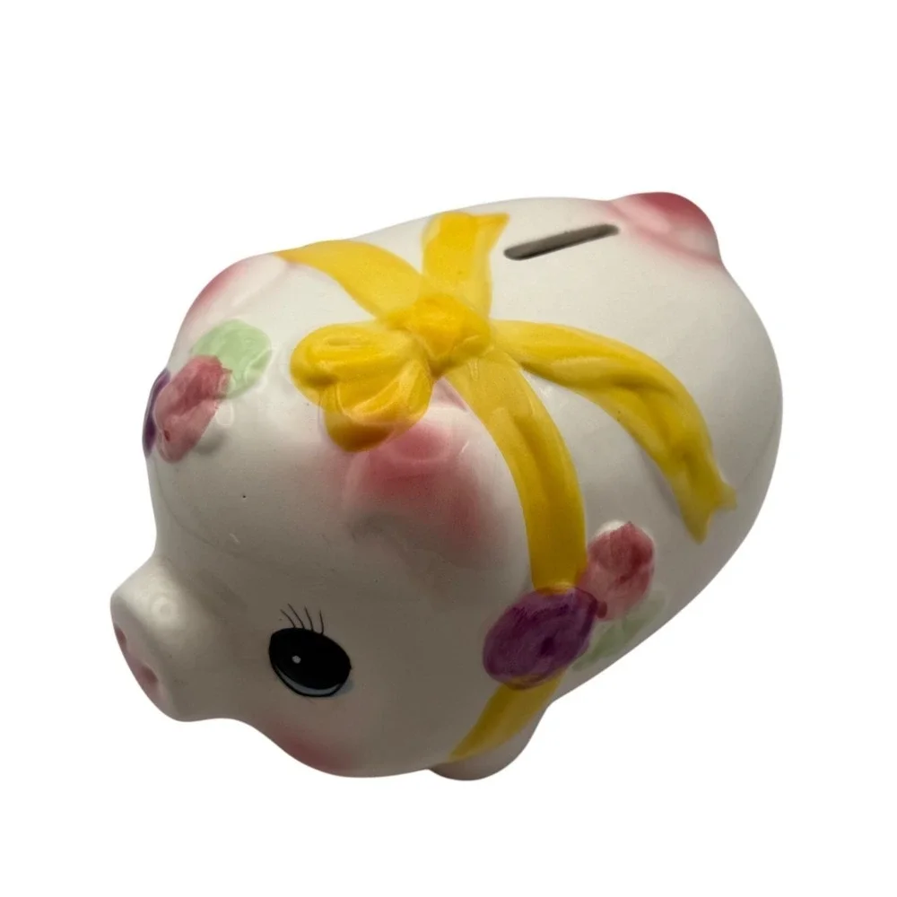 Vtg Ceramic Piggy Bank with Yellow Bow & Flowers Cute Coin Bank Nursery Decor